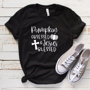 Pumpkin Obsessed And Jesus Blessed Softstyle® Fitted T-Shirt